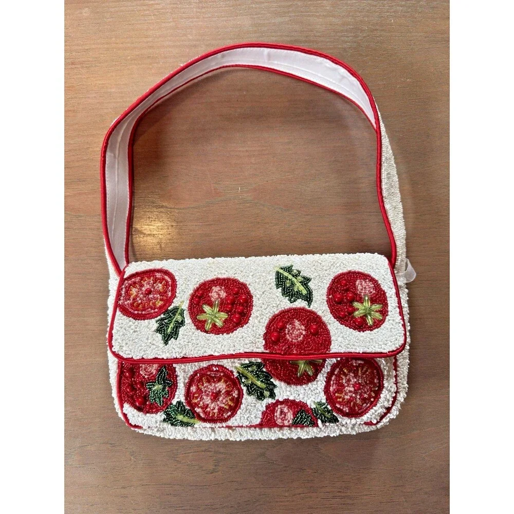 Beaded Tomato Bag Handcrafted In India NEW w/tags Viral Tiktok Red White 10x6" - Picture 2 of 16
